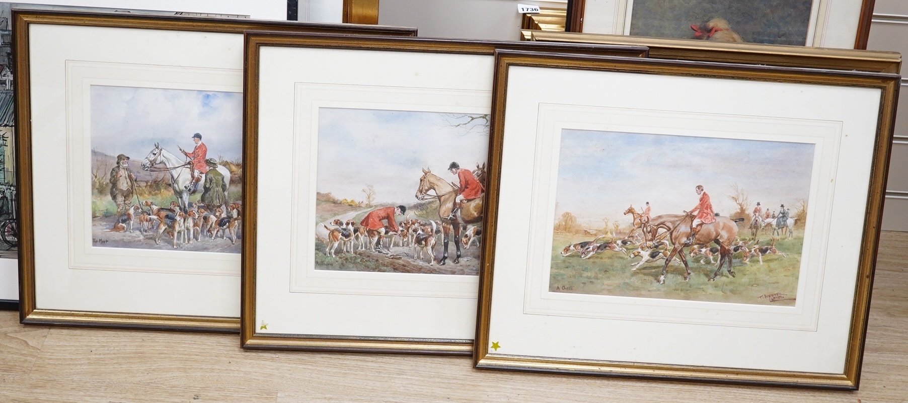 Thomas Ivester Lloyd (1873-1942), set of three watercolours, Hunting scenes with huntsmen on horseback with hounds, each is signed, 22 x 32cm. Condition - fair